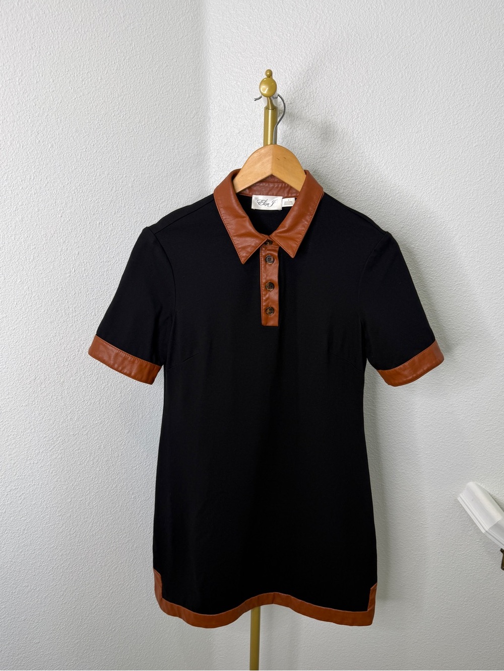 Eliza J Faux Leather Trim Shift Dress Black Cognac Polo Collar Chic Knit Size 4